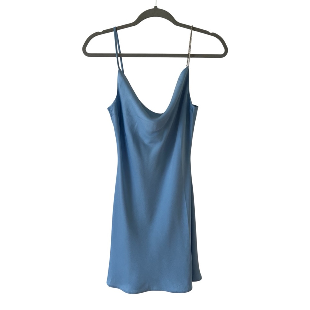 NWT RtA Satin Cowl Neck Slip Mini Dress Rhinestone Strap Blue Small - Picture 6 of 16